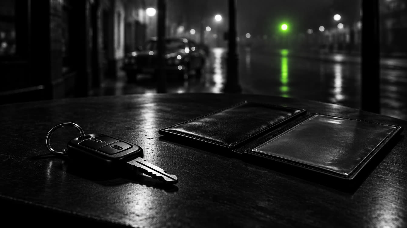Kluczyki od samochodu na ciemnym blacie obok pustego etui na dokument, rozmyte tło nocnej ulicy i jedno zielone światło w głębi