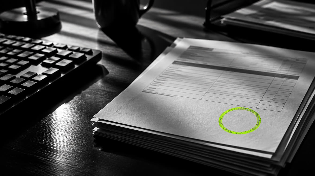 Ciemne biurko z klawiaturą i stosem papierowych faktur, na jednej z nich zielona pieczątka