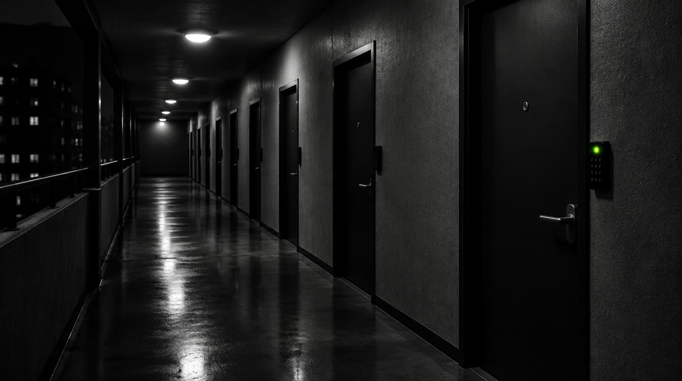 Pusty korytarz bloku nocą, rząd identycznych drzwi, przy jednych świeci zielona dioda czytnika kodu