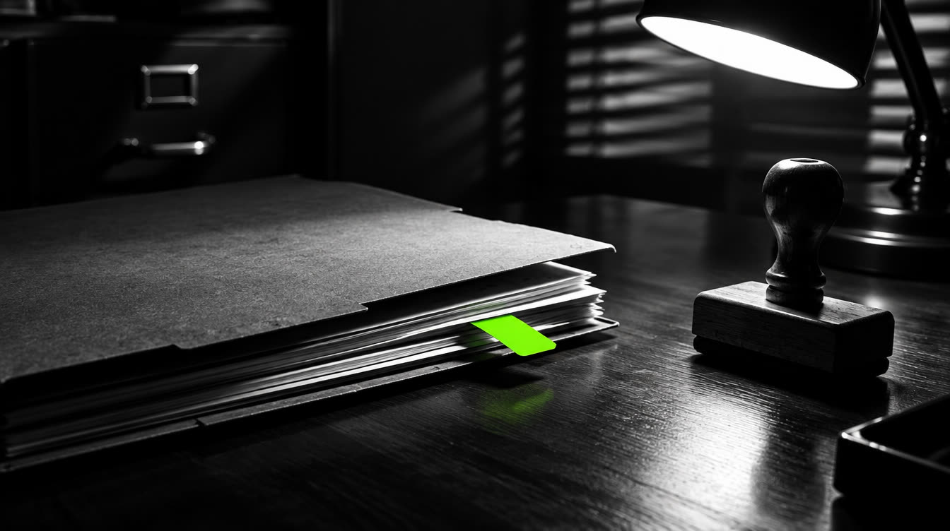 Czarno-biała fotografia noir: teczka z aktami i pieczątka na biurku w świetle lampy, jedna zielona zakładka między kartkami